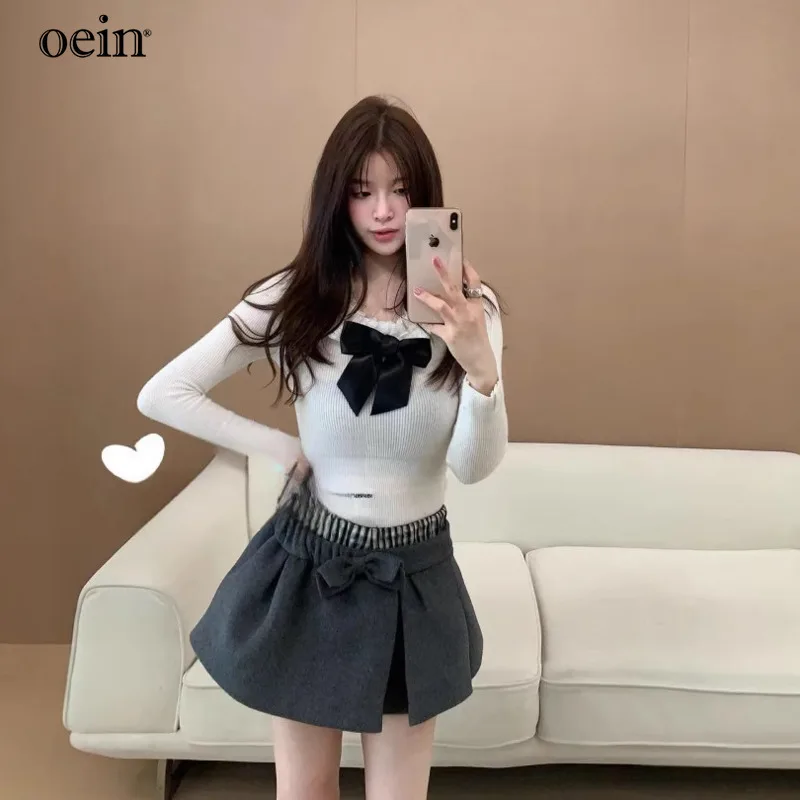 [oein] autumn/winter college flower bud bow short skirt, real A-line skirts, bottom underwear, women's two pieces