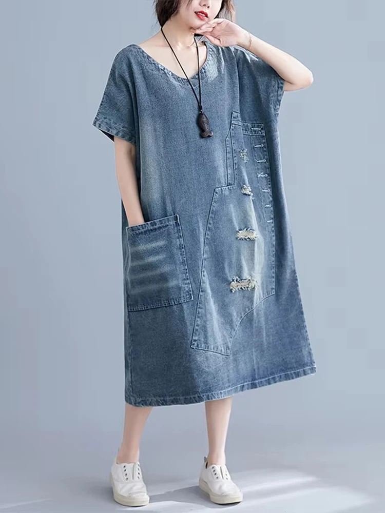 Amax luluE Letnia Koreańska Stylizacja Damska Punkowa Odzież Uliczna Długie Podarte Ubrania Damskie Jeansowe Sukienki Oversize Vintage Dziury Vestidos — zdjęcie 4