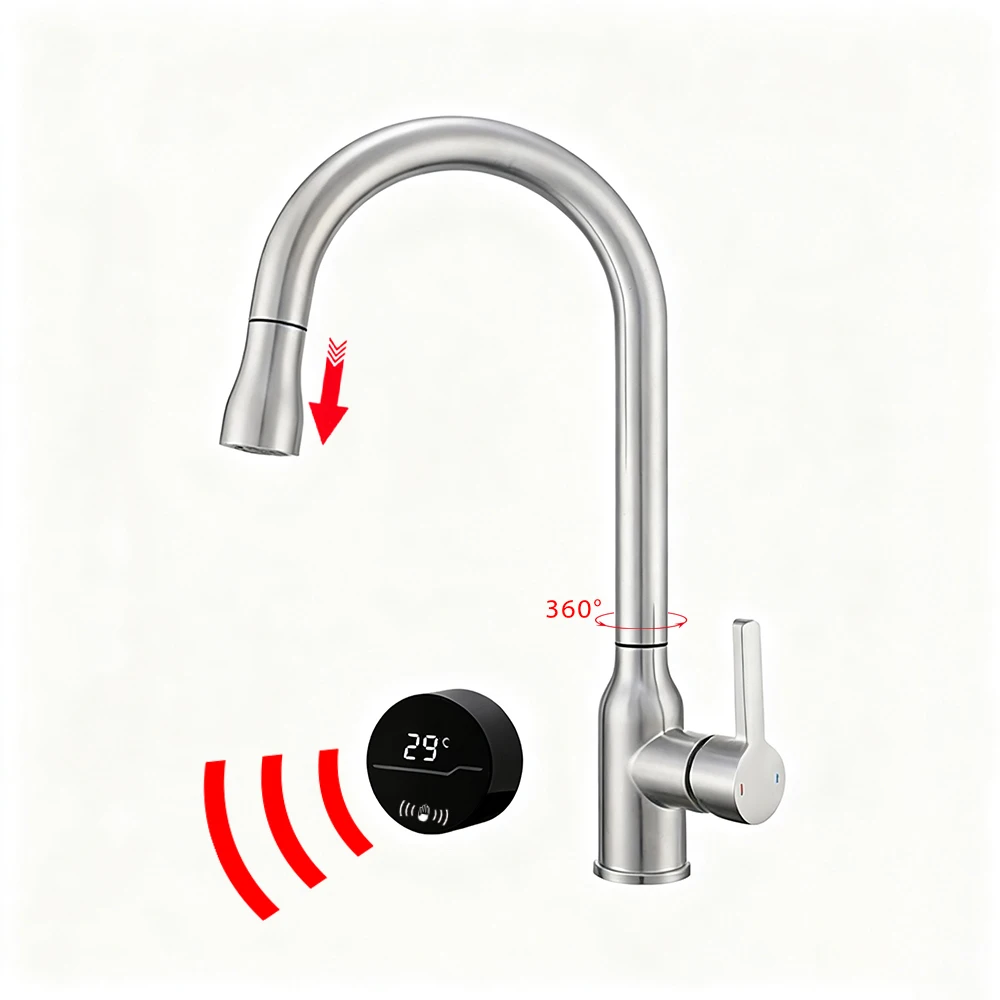 316 Stainless Steel Pull Out Sensor Kitchen Faucet Smart Touchless LED Display Swivel Kitchen Sink Faucets Brushed Nickel Mixers