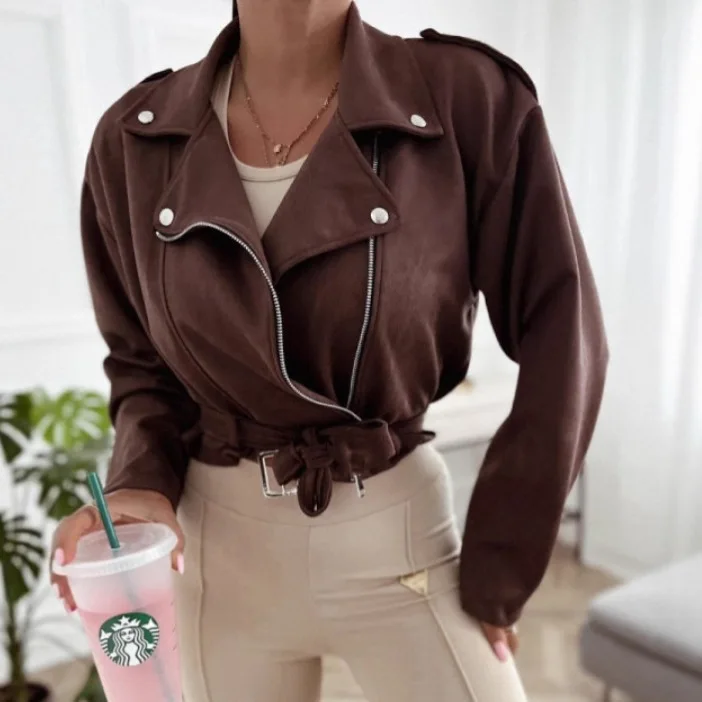 

Autumn Womens Suede Jacket Slim Fit Turn Down Collar Zipper Outwear Versatile Lady Coat Stylish