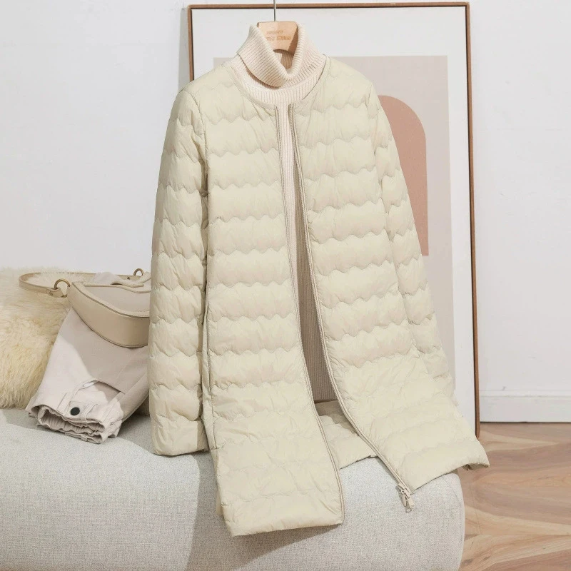 Schinteon Women's Lightweight White Duck down Long Jacket Casual Collarless Autumn Winter High Qaulity Outwear 2025 Slim Coat