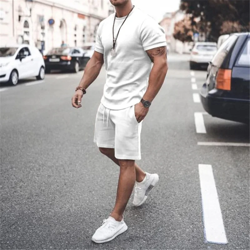 Summer Beach Men\'s Tshirt Set 3D Print Solid Color Men Woman Round Neck T-Shirt Shorts Two Piece Set Casual Man Suits Clothing