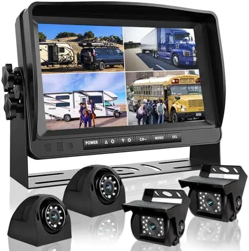 

9" Quad 1080P Backup Camera System for RV Semi Truck - 4 AHD Cameras, DVR, Night Vision, IP69 Waterproof