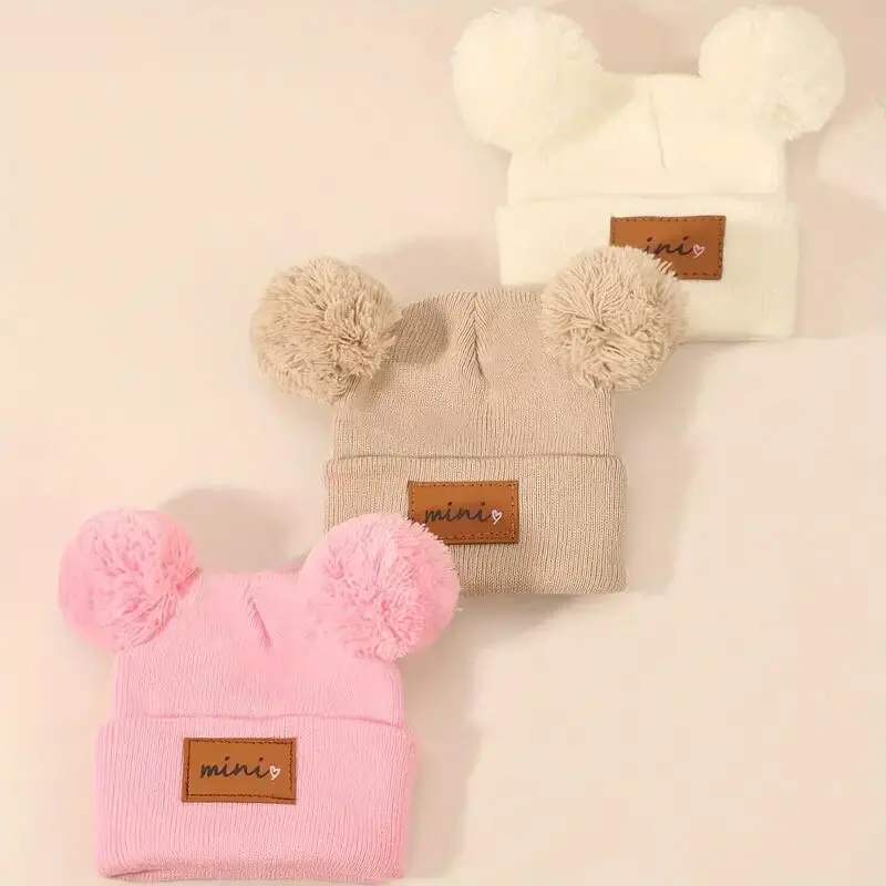 

3 pieces winter children's hats - Mini Heart with leather label and double balls. Suitable for 1-3 year old boys and girls caps