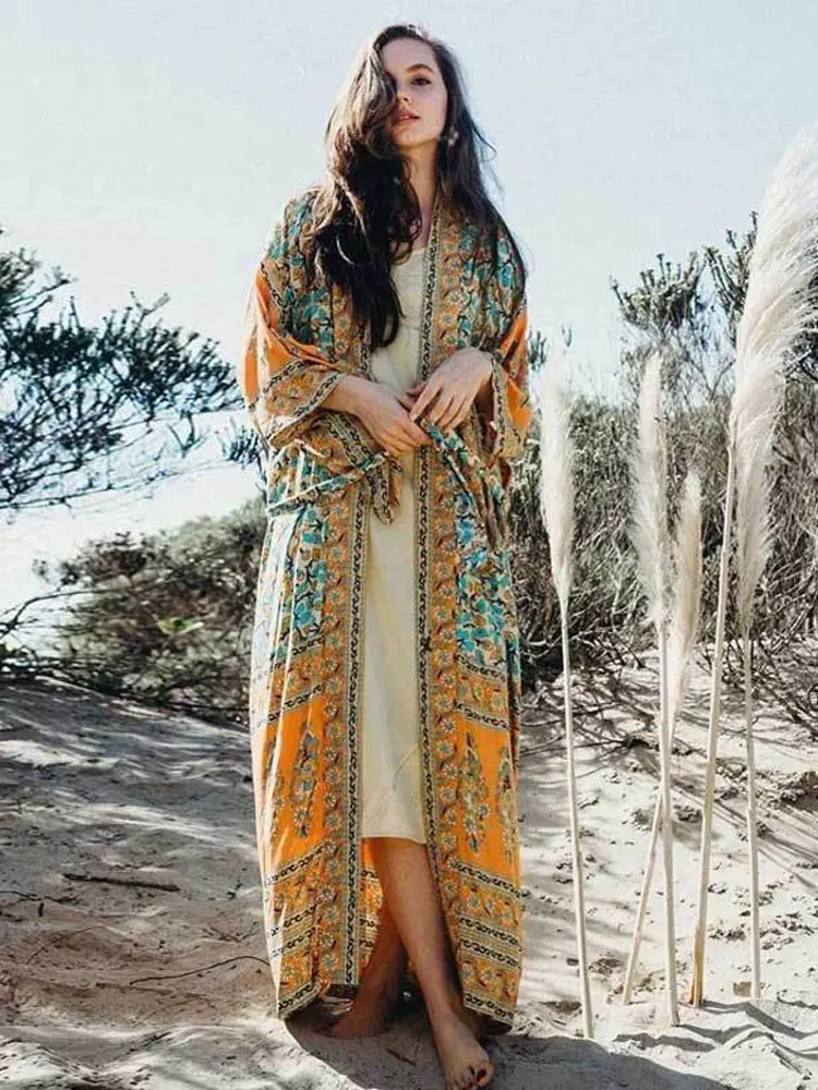 2020 Bohemian Printed Summer Beach Wear Clothing Long Kimono Cardigan Plus Size Cotton Tunic Women Tops and Blouse Shirts A136