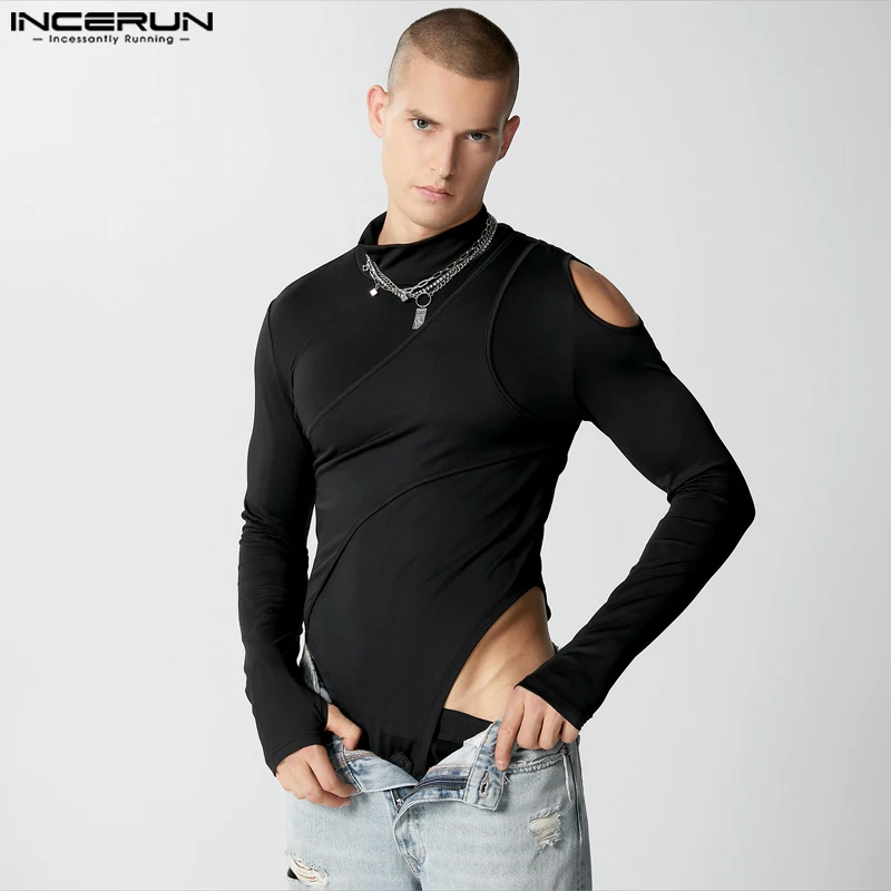 INCERUN 2024 Sexy Mens Bodysuits Half High Neck Solid Shoulder Hollowed Rompers Stylish Male Thimble Long Sleeve Jumpsuits S-3XL