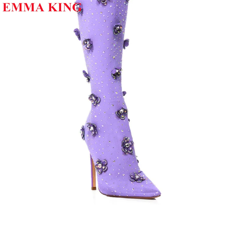 New Purple Flower Crystal Over The Knee Boots Autumn Stretch Fabric Women\'s Long Boots Pointed Toe Thigh High Heeled Boots Women