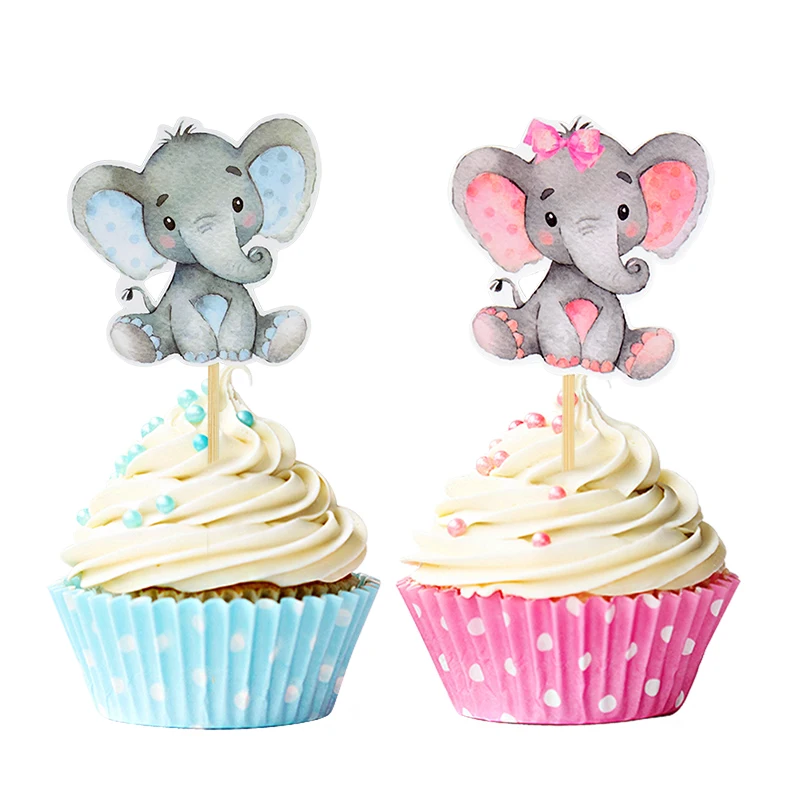 12Pcs Blue Pink Elephant Cupcake Topper Baby Shower Cake Toppers Kids Birthday Party Cake Decoration Supplies