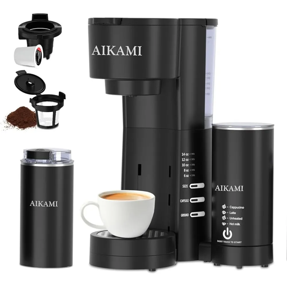 

4 IN 1 Mini Coffee Maker Single Serve with Milk Frother and Coffee Grinder, Coffee Makers for K Cup & Ground, 6 to 14 Oz Brew