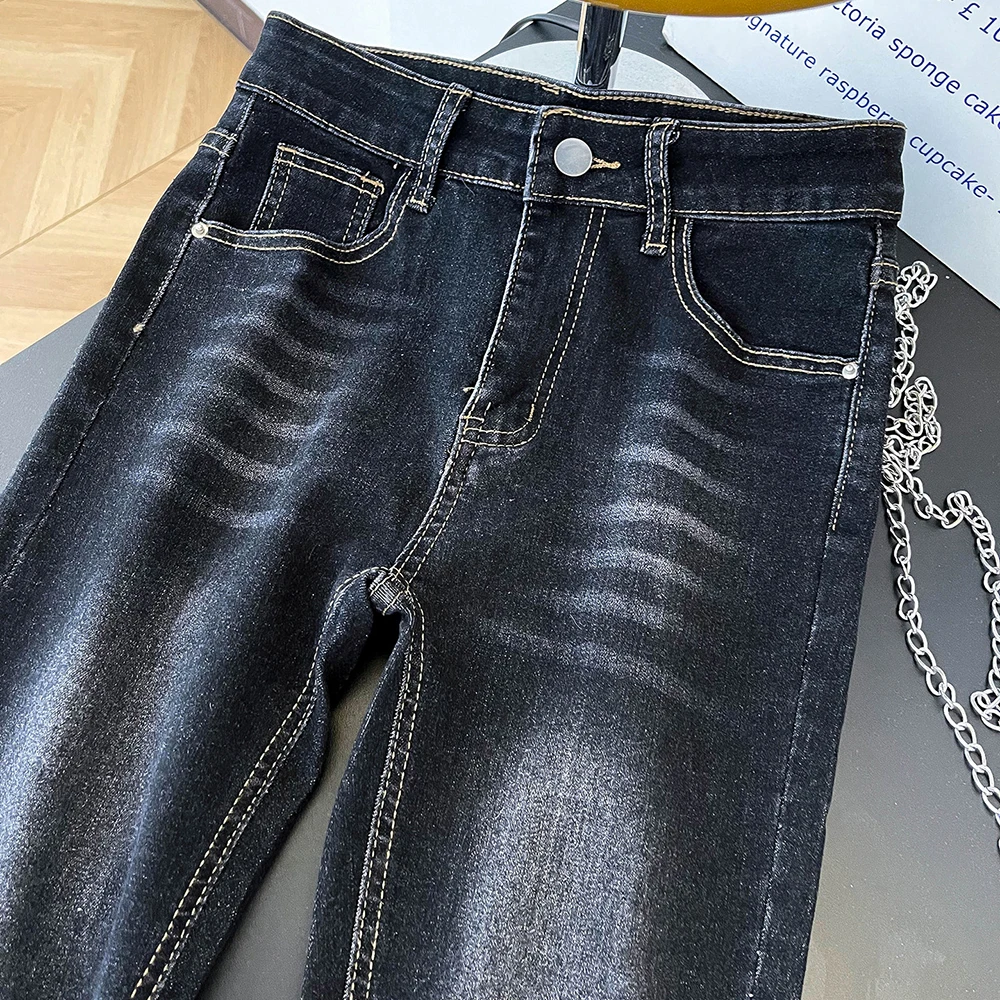 Black Grey Skinny Pencil Jeans for Women American Style High Waist Slim Raw Edge Denim Pants 2026 New Stretchy Cropped Jeans
