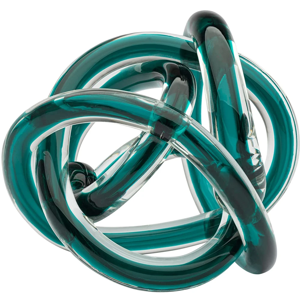 Abstract Teal Glass Knot for Home Decor, Decorative Handblown Round Sculpture & Room Accent for Cabinet, Shelf, Coffee Table