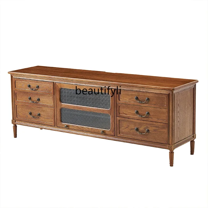 

AAmerican Country Ash Wood Solid Wood TV Cabinet French Art Simple Carved Floor Cabinet Small Apartment TV Cabinet