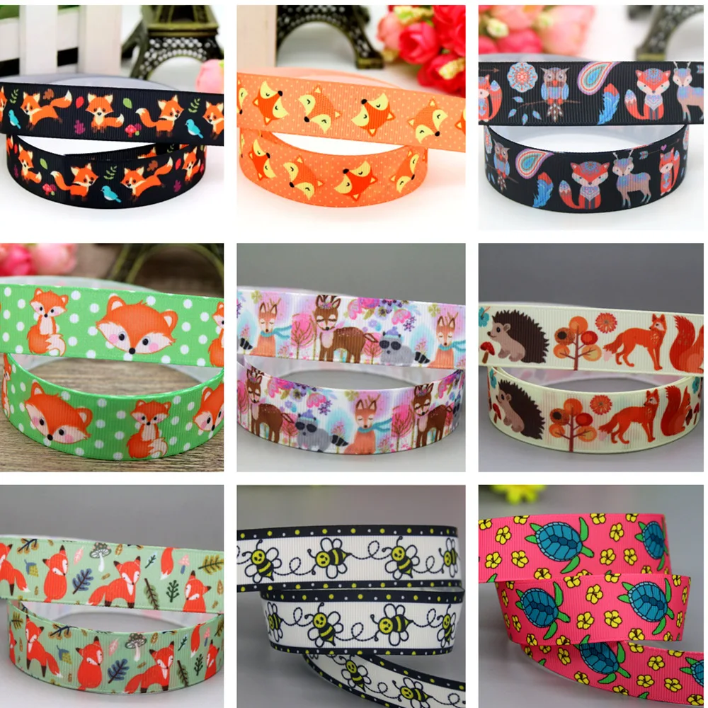 DHK 22mm 10yards Animals Fox Bee Owl Printed Grosgrain Ribbon Accessories Headwear Decoration Collar DIY Sewing Craft B2413