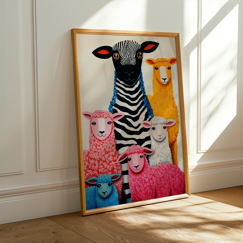 Multiple sizes 1pc frameless Canvas Painting,Modern Dopamine Sheep Art Print - Pink Blue Orange Pop Style Minimalist Sheep Canva