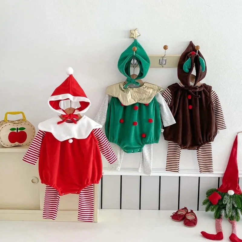 Christmas Costumes Autumn Baby Girls Clothes Twins Boy Romper Bodysuits Baby Sets Infant Baby Velvet Pullover Jumpsuits with Hat