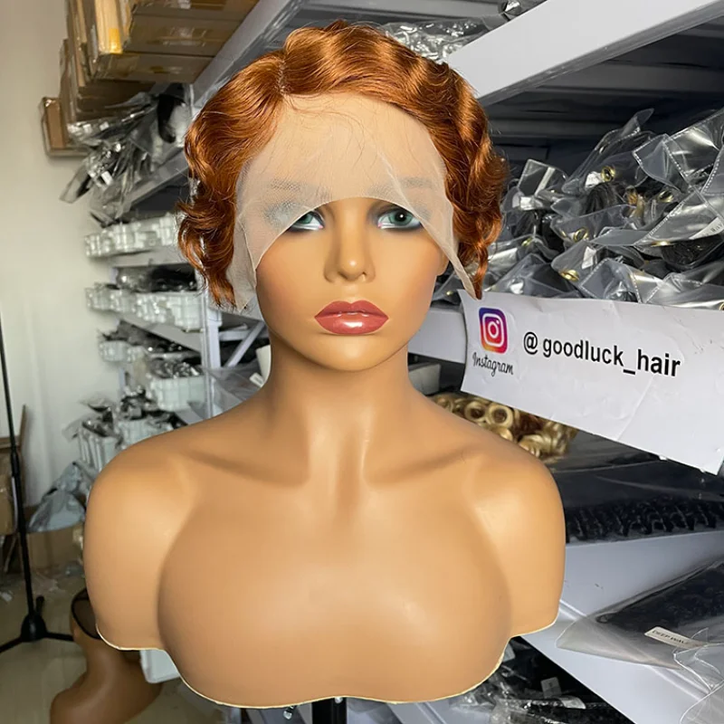 

Cheap Pixie Short Hair Lace Frontal Wig Black Women Perruque Cut Human Bob 180% Density Curly