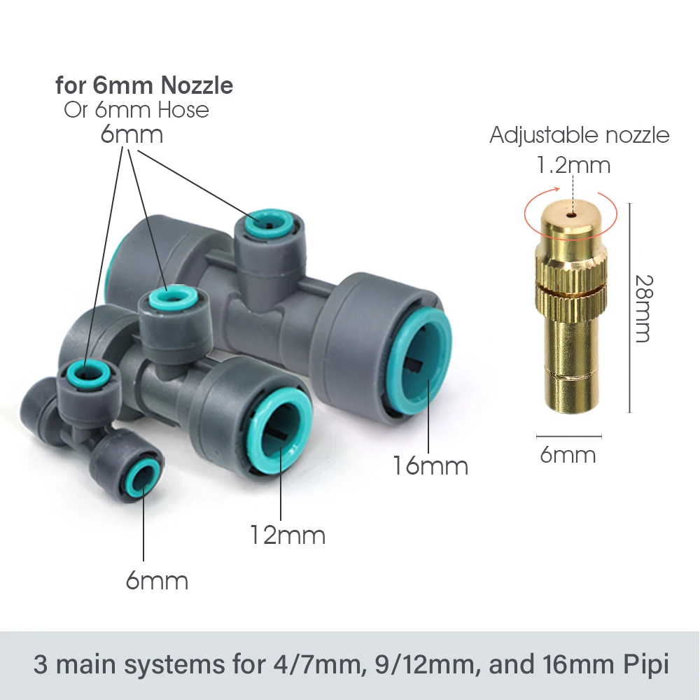 Adjustable Brass Mist Nozzle with Tee for OD-6mm 12mm 16mm PE Hose Garden Atomized Irrigation System Sprayer Atomizing Sprinkler