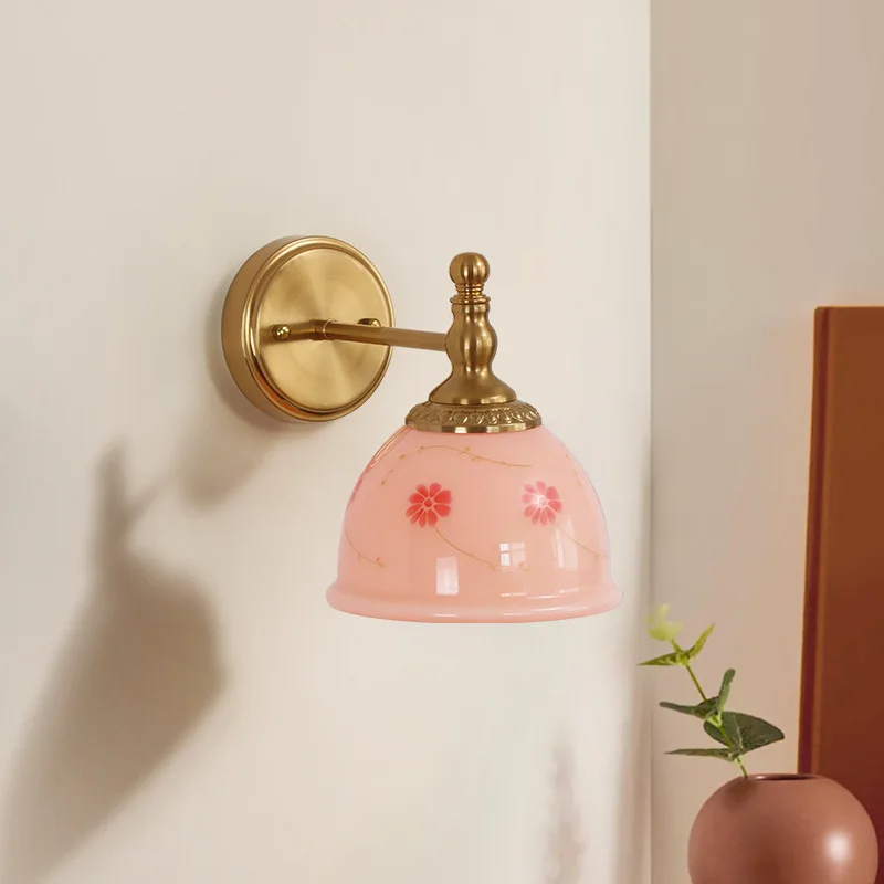 Romantic Cute Style Glass Bedside Wall Lamp Cream Powder Flower Pattern Living Room Bedroom Lamp Warm Retro Atmosphere Light