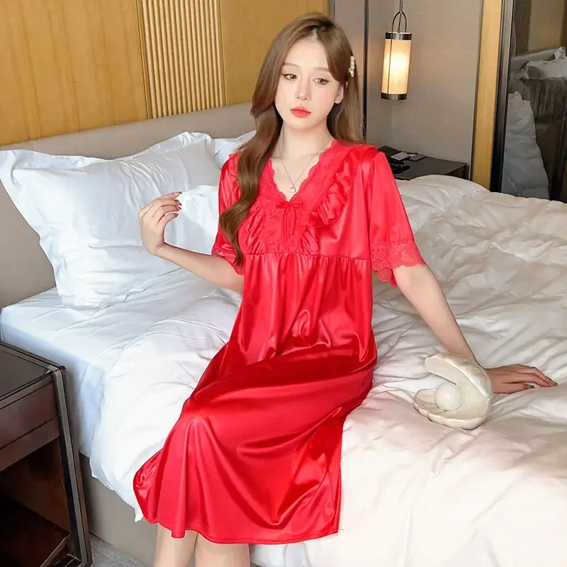 Summer Sexy V-neck Lace Black Short-sleeved Nightdress  Ice Silk Mid-length Pajamas Skirt Ladies Loose Dress Sleepwear Women