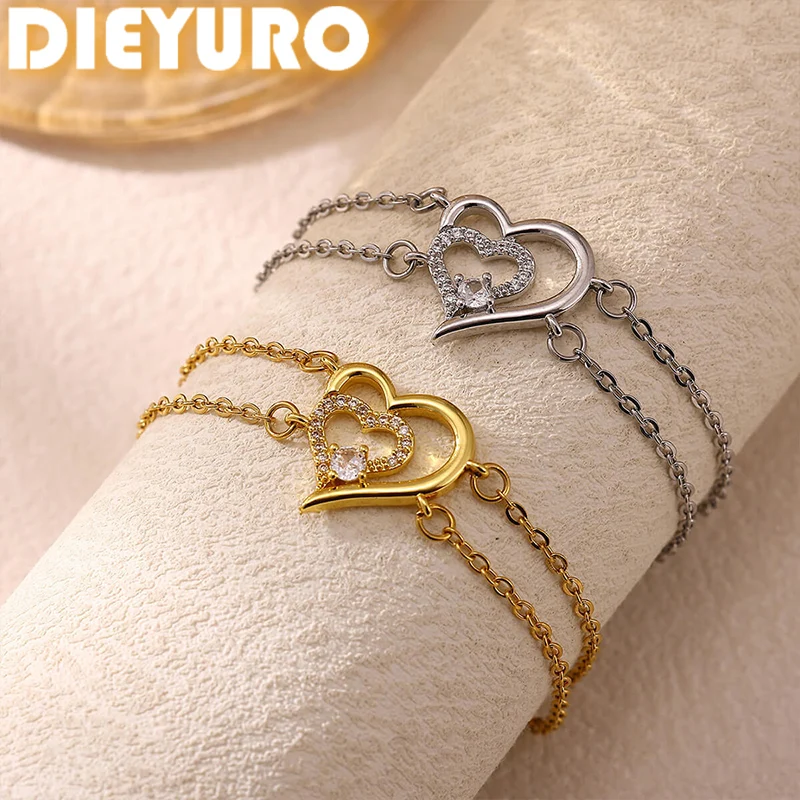 DIEYURO 316L Stainless Steel Golden Simple Double Heart Love Zircon Bracelet For Women Classic Fashion Hand Chain Jewelry Gift