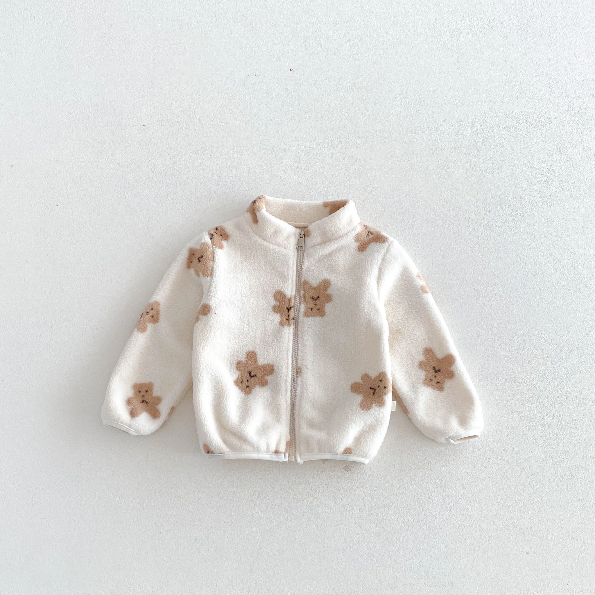 Korean Style Baby Full Print Small Bear Fleece Zipper Jacket Kid Cartoon Bear Pattern Stand Collar Zip Up Coat Baby Infant Tops