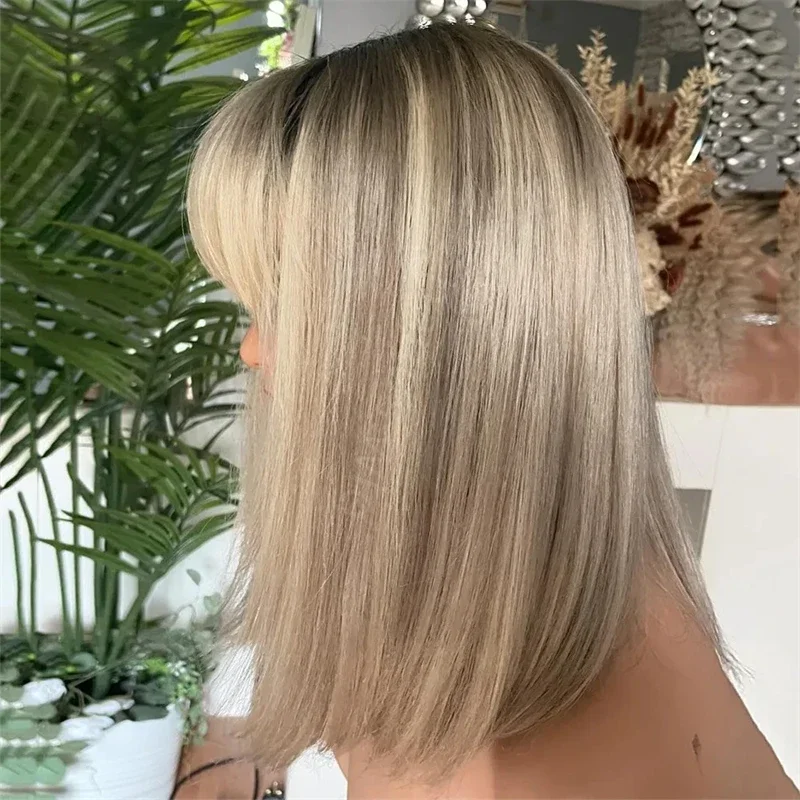 Natural 18inch 180 Density Glueless Fashion Highlight Blonde Soft Straight HD lace front wig, suitable for women Heat Resistant