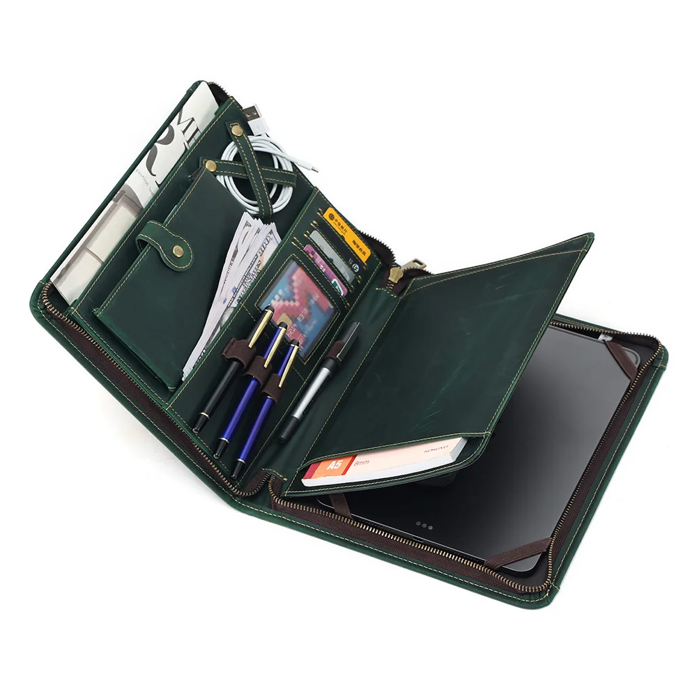 Portfolio echte Rindsleder Leder Reiß verschluss Datei Ordner Business Case Organizer Tasche für iPad A6 Notebook Karten halter