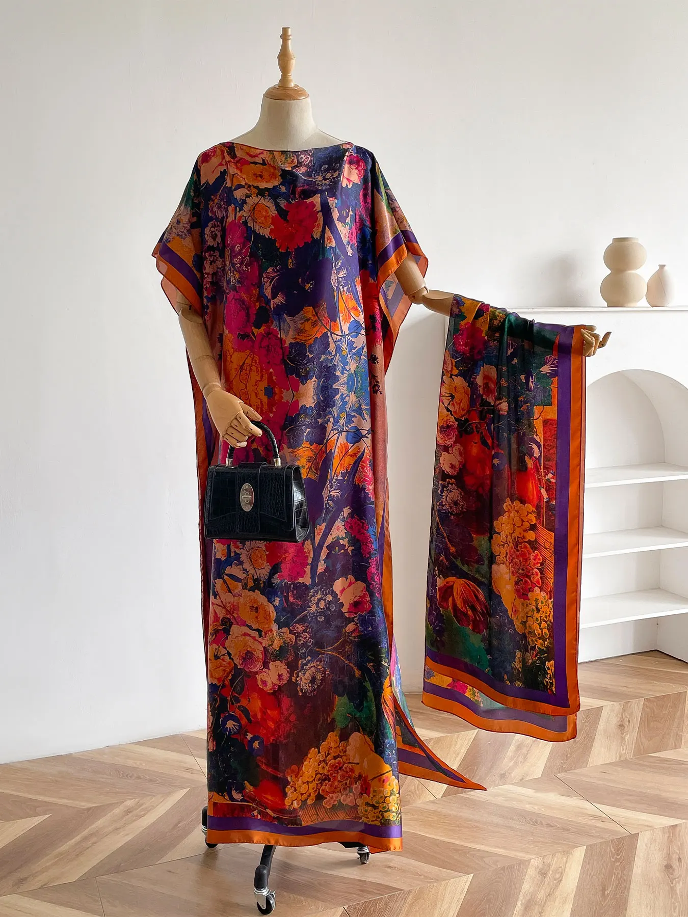 Vibrant Multi-Color Floral Long Kaftan for Women, Elegant Satin Abaya and Matching Scarf Outfit