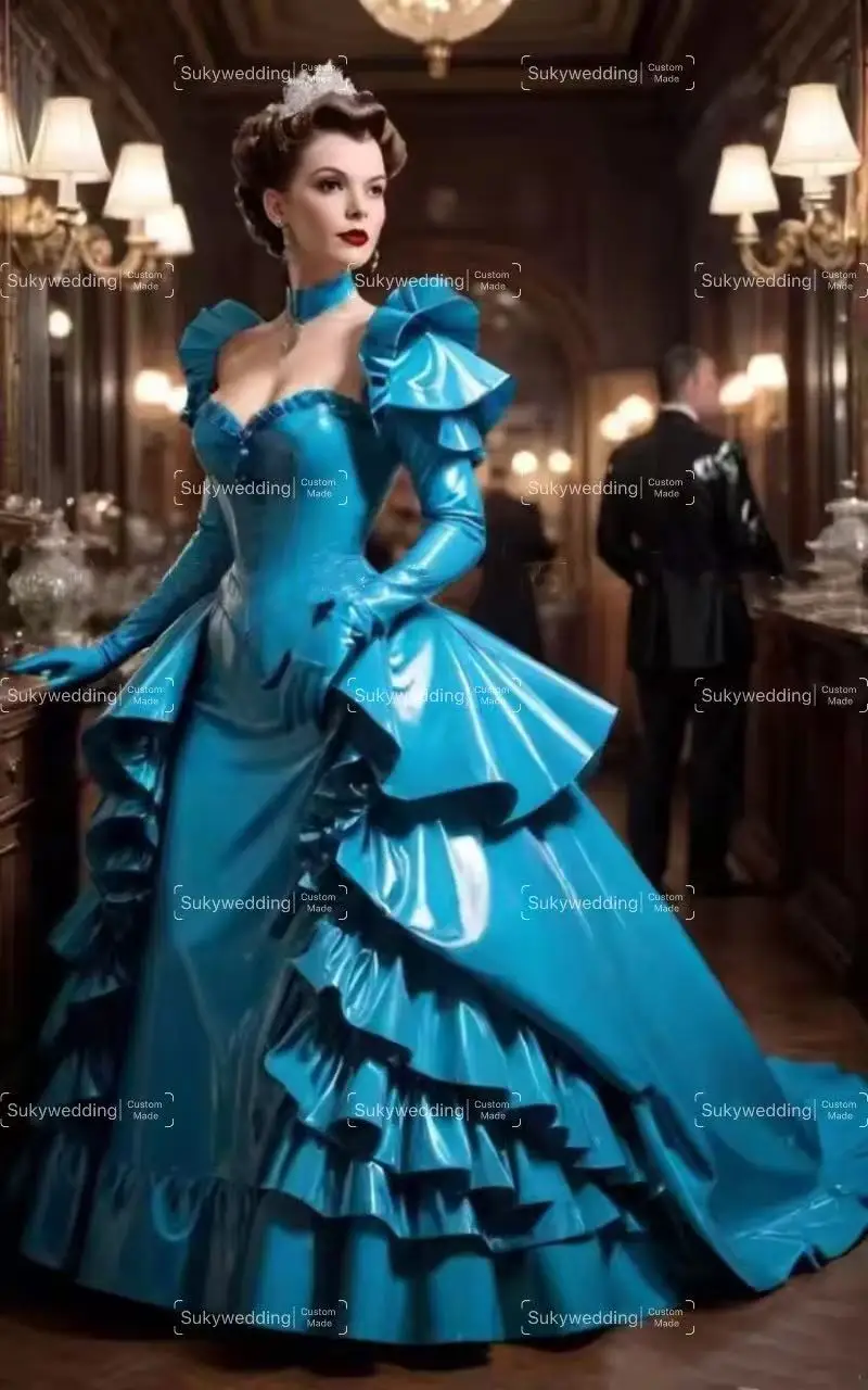 Vestidos de fiesta victorianos de color azul brillante, vestido de noche de Cosplay de manga larga fruncido, corsé con cordones personalizado