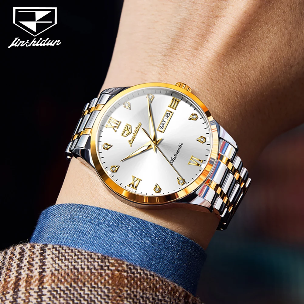 JSUDN 8980 ساعة أصلية فاخرة للرجال أوتوماتيكية بالكامل تقويم مزدوج الماس مقياس روماني مقاوم للماء ساعة ميكانيكية للرجال