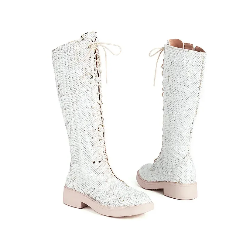 

Small Size 33 Sequins Cloth Silver Green Round Toe Lace-up Party Wedding Flats Shoes Shiny Ankle Winter Gothic Motorcycle Boots