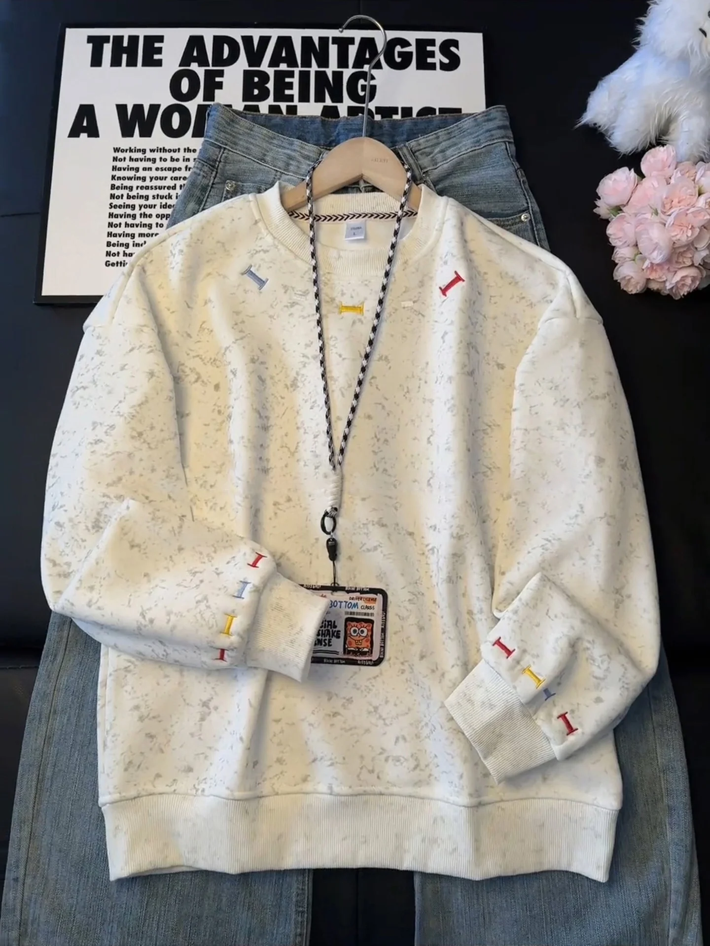 

Retro American Embroidered round Ne Sweatirt Men's Thiened Long Sve T-irt Winter Heavyweight Base Layer Top