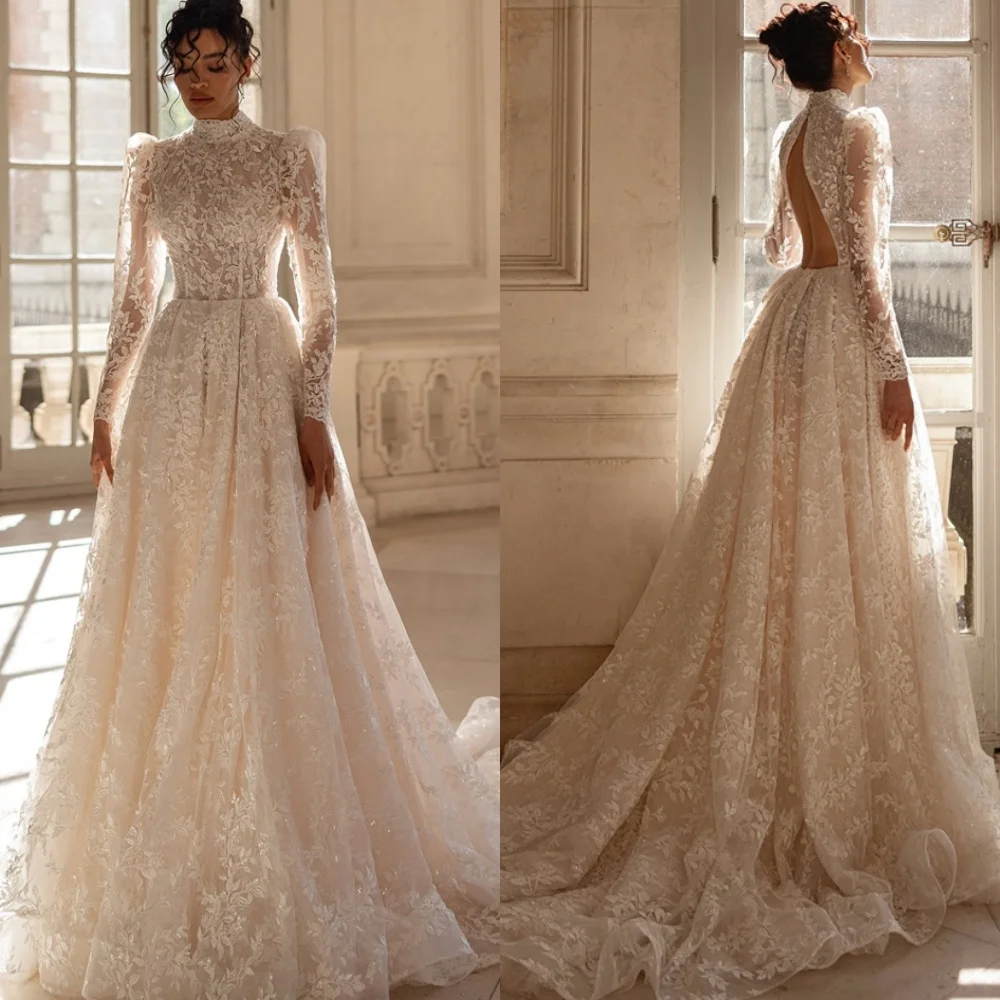 

Customized High Quality White Lace Bridal Gowns Exquisite Crew Neck Cap Sleeve Appliques Long Sleeves Backless Vestido De Novia