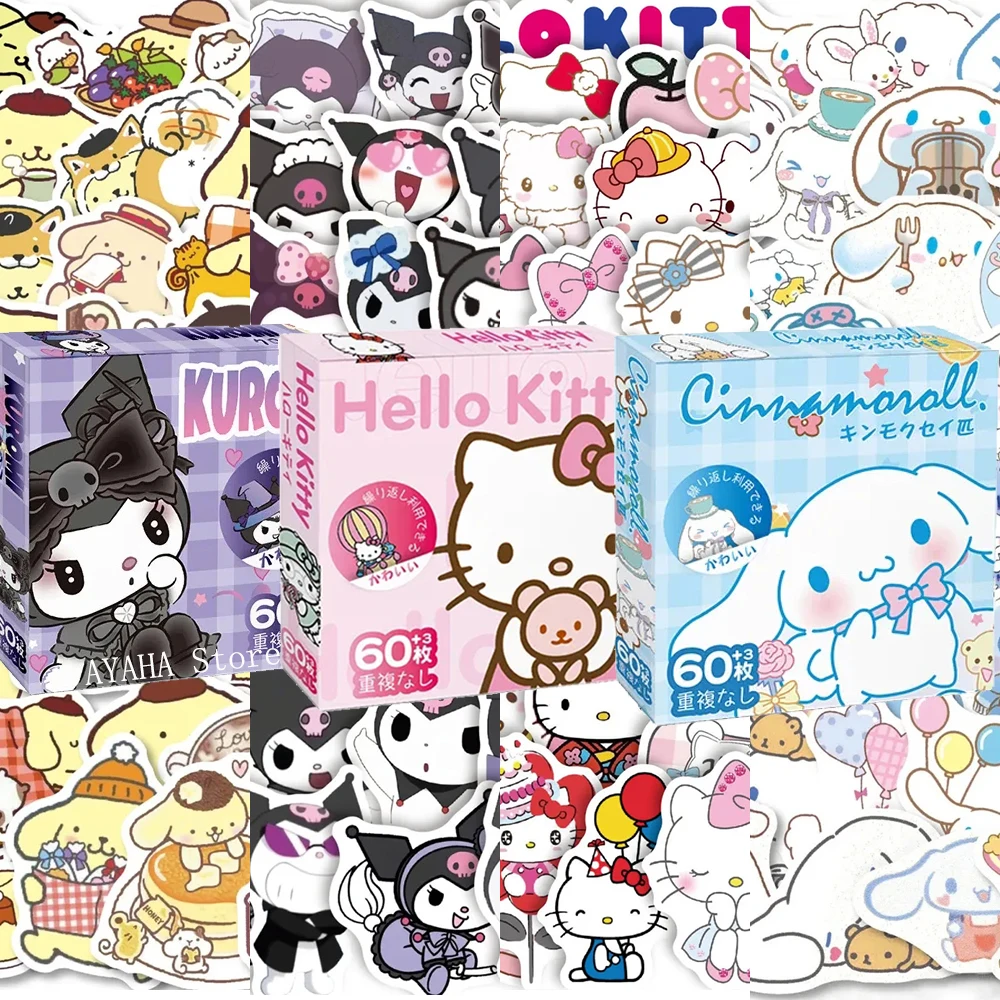 

60pcs Kawaii Sanrio Stickers Hello Kitty Kuromi Pochacco Cartoon Decals Decorative Waterproof Cute Anime Stickers for Kids Toys