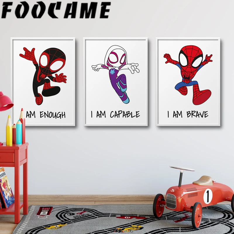 3pcs Spidey and Friends Print Poster Wall Art Canvas Painting Superhero Decorative Pictures Nursery Kids Room Playroom Decor