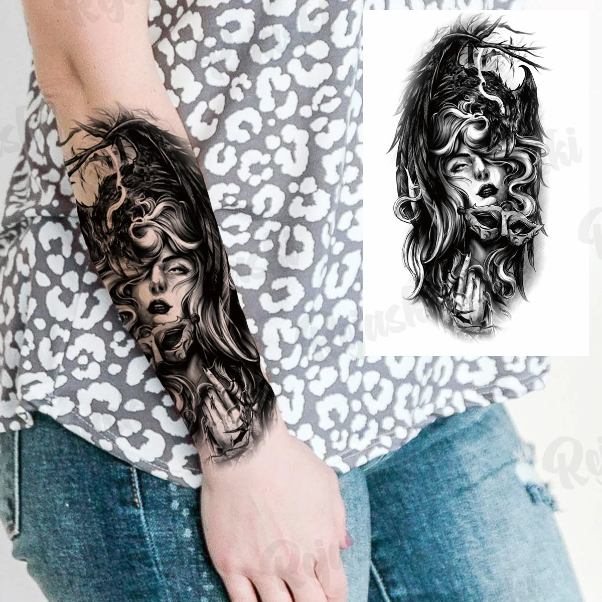 Black Pirate Ship Temporary Tattoos For Men Adults Realistic Scary Vampire Knight Wolf Fake Tattoo Sticker Arm Body Tatoos DIY