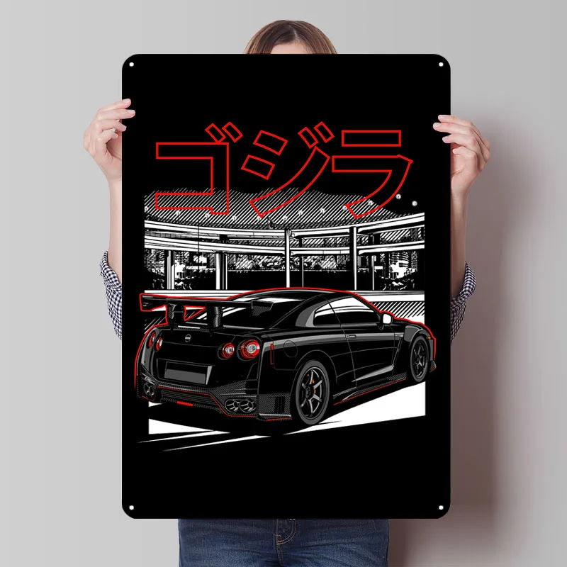 Black Nissan GTR Godzilla Metal Signs Car Poster Wall Art Mural Custom Tinplate Sign for Wall Art Decoration Retro Room Decor