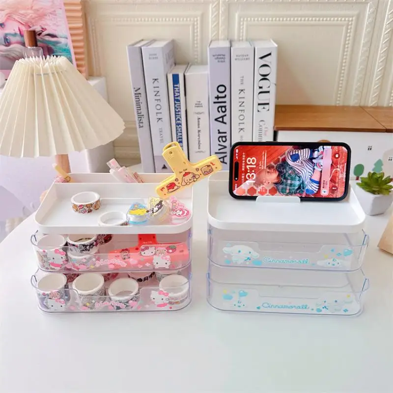 

Sanrio Japanese Cute Desktop Double Drawer Storage Box Kawaii Hellokitty Cinnamoroll Kuromi Student Stationery Clutter Organizer