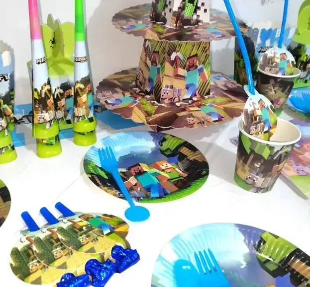 MC Pixel Paper Card Minecrafte Birthday Party Supplies Flag Pulling Cake Cup Balloon Tableware Set Party Bedroom Decoration Toys view 5