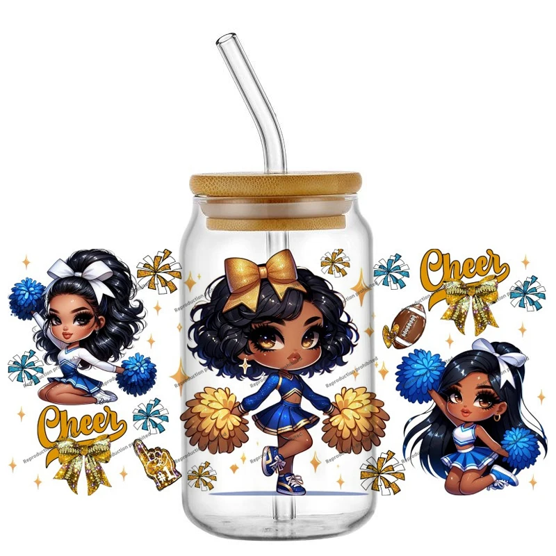 Cute Cheerleader UV DTF Wraps Cheer & Pom Pom Stickers for 16oz Glass Cans Waterproof DIY Decals