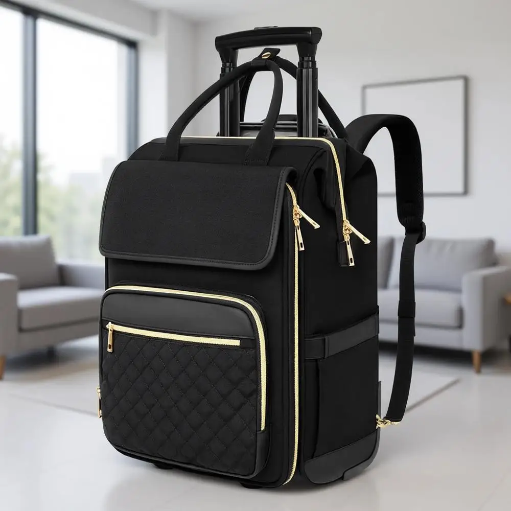 

Women's Travel Laptop Backpack with Wheels, Horizontal Storage, Water-Resistant, Overnight Carry-On Luggage