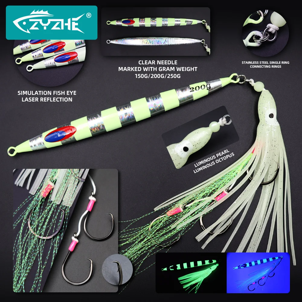 

ZYZ 1 шт., джиг для морской рыбалки со светящейся приманкой для осьминога, три круглых крючка, веревочные крючки, 150 г/200 г/250 г, приманка для глубоководной рыбалки