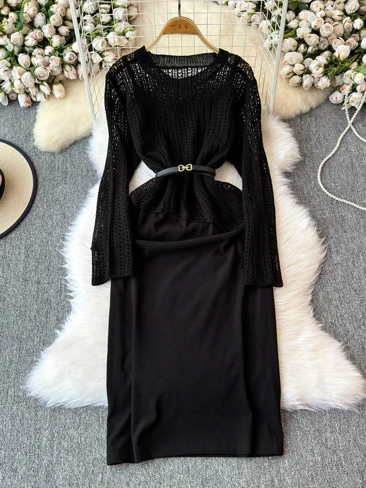 Women Casual Elegant Street Style Knitt Two-piece Set Autumn New Hollow Knitted Cover Suspender High Waist Slim Dress for Women