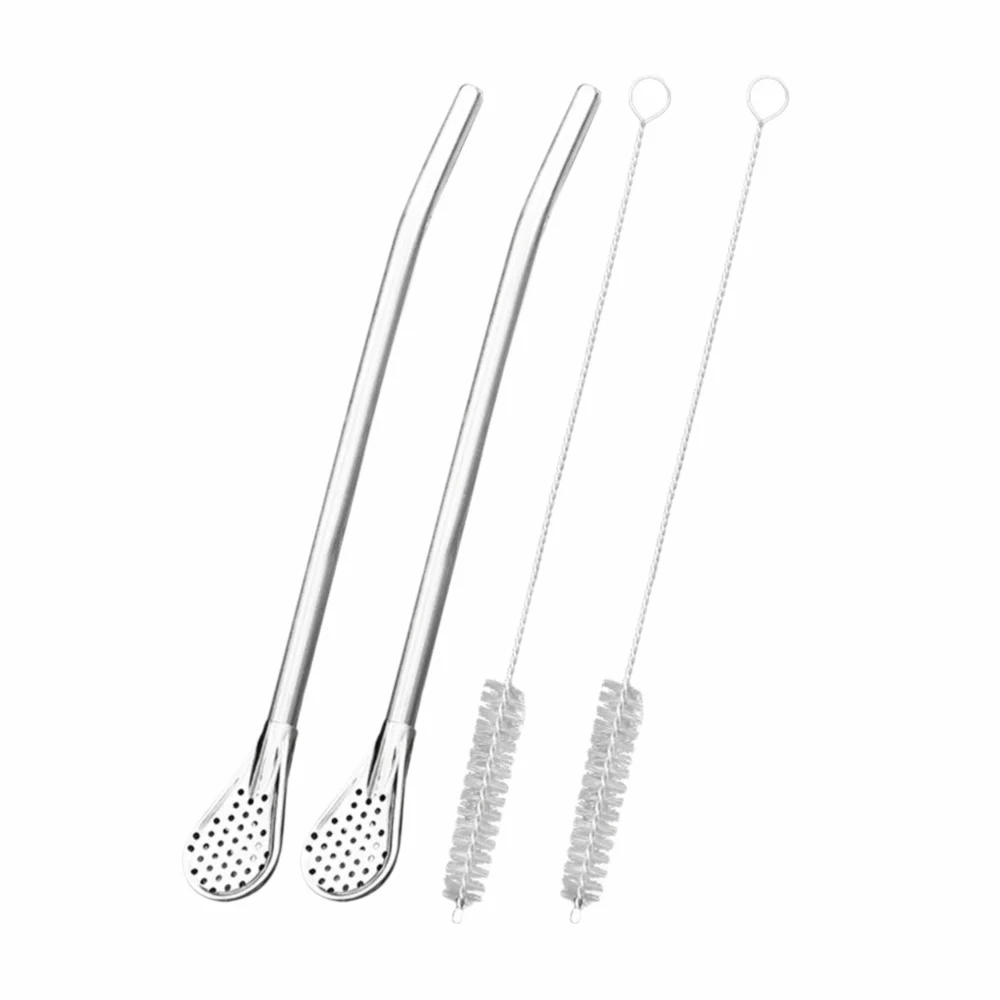2pcs set Detachable Design Stainless Steel Straw Spoon Set Of 2 With 2 Cleaning Brushes Durable Metal Drinking Straw