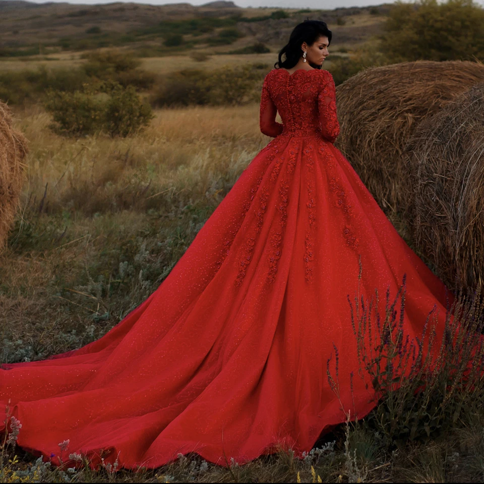 Personalizado de luxo vermelho muçulmano brilhante miçangas vestido casamento 2025 dubai árabe princesa rendas apliques tribunal trem vestidos noiva