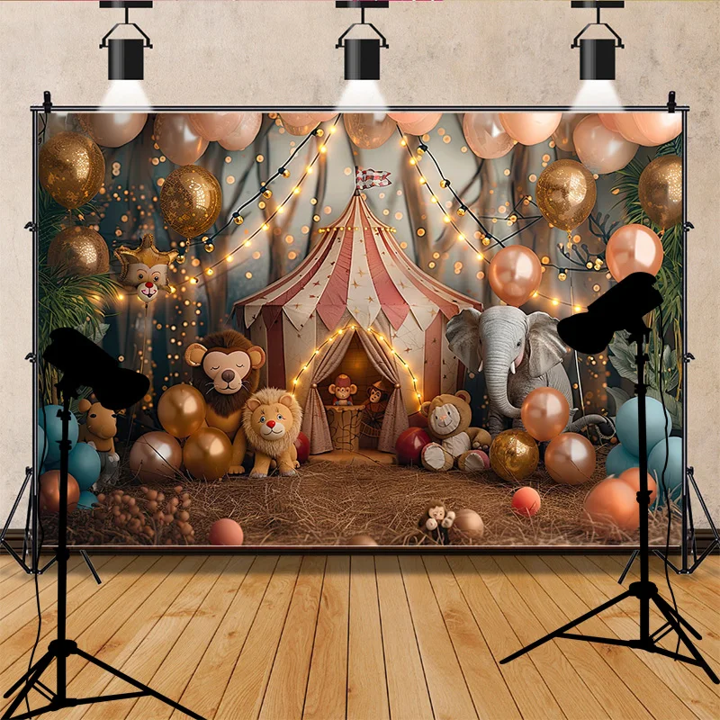 Circus Tent With Striped Canopy Popcorn Photography Backdrops Balloons Birthday Party Decor Animal Photo Studio Background SD-03