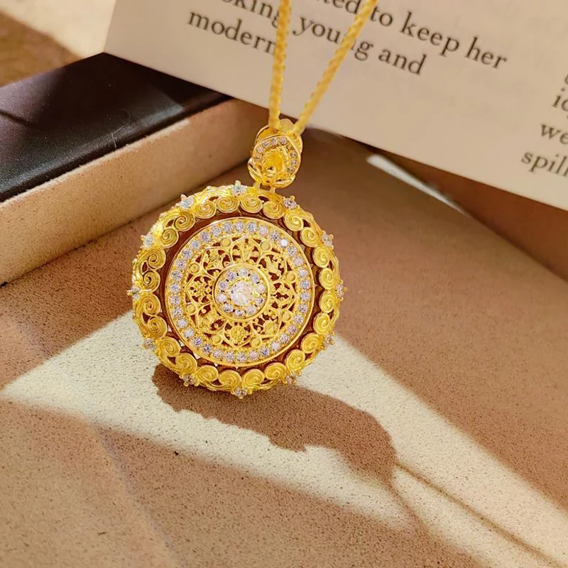 

New Chinese Style Ancient Silk Eight Treasure Compass Pendant For Female Court Style Gold Color Rotatable Necklace KOFSAC