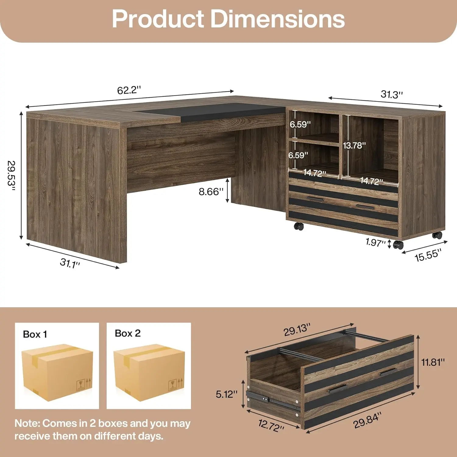 62.2" Executive Desk with Mobile File Cabinet, L-Shaped Office Desk w/ Storage Shelves, Large Computer Desk Business Workstation