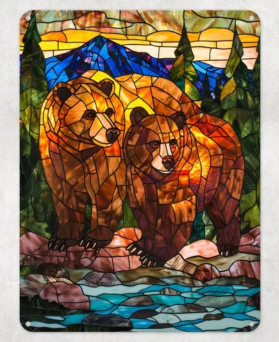 of Bears Stained Glass Metal Poster Wall Tin Sign Man Cave Shed Home Plaque --Tin Sign