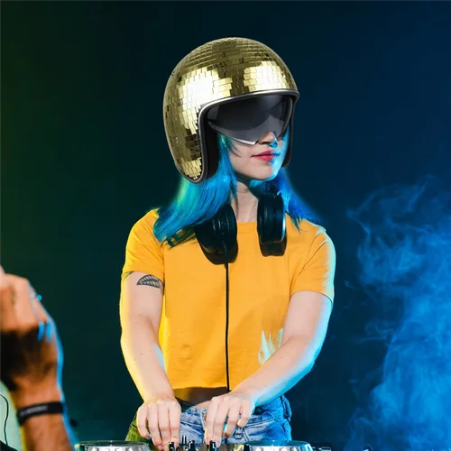 Imagen 2 del producto Casco de bola de discoteca con visera retráctil, casco de discoteca de cristal con espejo brillante, sombrero de disfraz de bola de discoteca Punk para Bar DJ